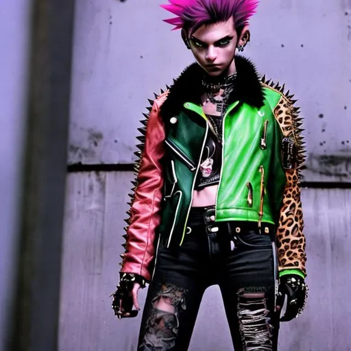 Prompt: a punk girl with a green mohawk, with leopard tattoo on the head, with a spiked bright yellow leather collar, with a black spiked leather jacket and a big white and red leopard backpatch, and with one sleeve green and the other red. With a torn jeans with two spiked belts. Wears boots with a spiked leather belt around one ankle. The girl shown from behind with her head to the left