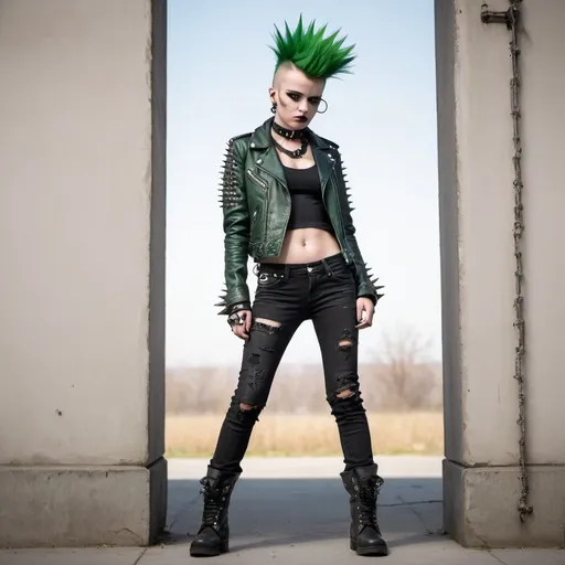 Prompt: A punk girl with a green mohawk and a spiked collar standing on a wall. She wears a black spiked leather jacket, torn jeans, and black boots. And she wears handcuffs and legirons