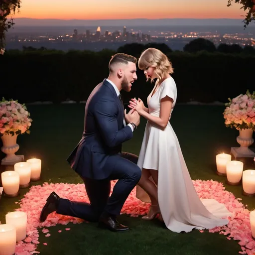 Prompt: Travis Kelce on one knee proposing to Taylor swift. Taylor swift is the only one how is standing up. They both need to be crying