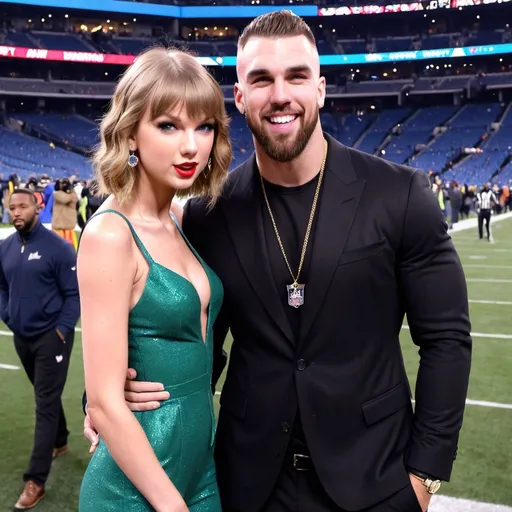 Prompt: Taylor swift is very happy Travis Kelce is with Taylor swift. The super bowl just ended and they meet on the feild
