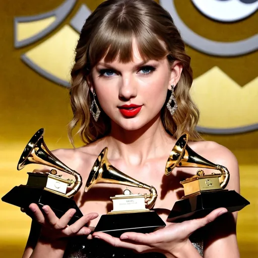 Prompt: Taylor swift holding all 14 of her grammys 