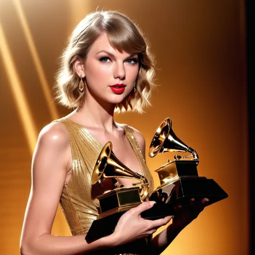 Prompt: Taylor swift holding all 14 of her grammys 
