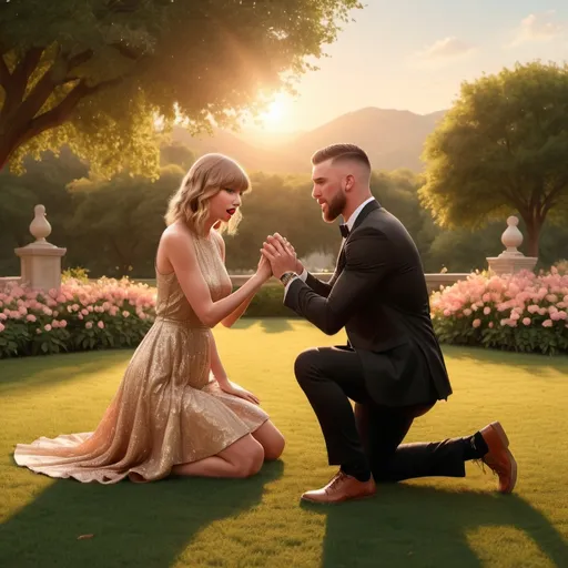 Prompt: Taylor swift full body photo with Travis Kelce on one knee proposing to Taylor swift