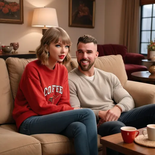 Prompt: Taylor swift sitting on a couch next to travis kelce netflix
