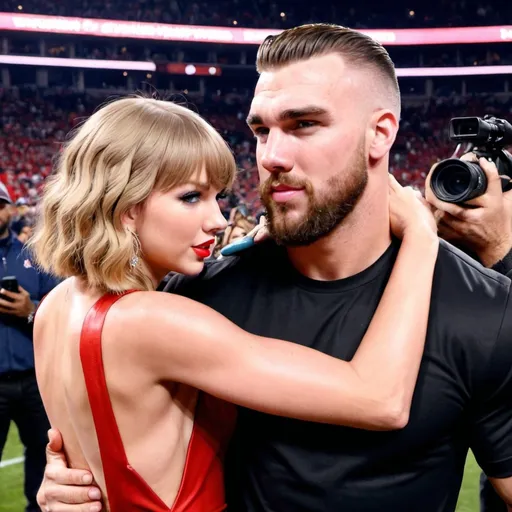 Prompt: Taylor swift and Travis kelce hugging 
