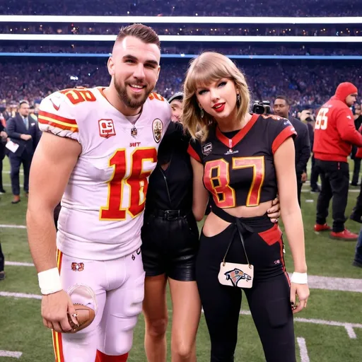 Prompt: Taylor swift is very happy Travis Kelce is with Taylor swift. The super bowl just ended and they meet on the feild
