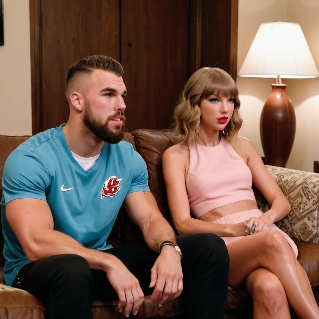 Prompt: Taylor swift sitting on a couch next to travis kelce watching netflix
