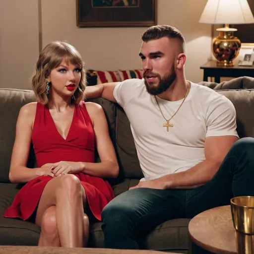 Prompt: Taylor swift sitting on a couch next to travis kelce netflix

