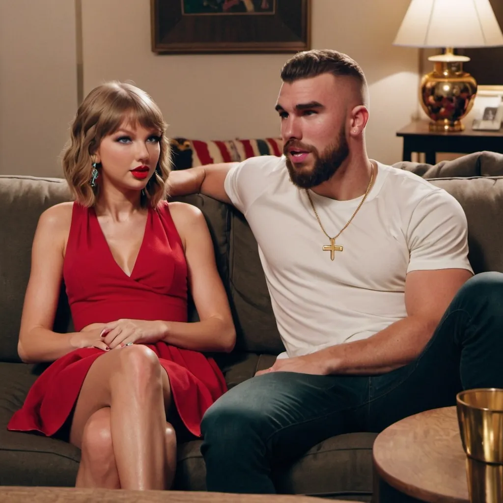 Prompt: Taylor swift sitting on a couch next to travis kelce netflix
