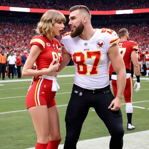 Prompt: Taylor swift and travis Kelce on a football field selabrating