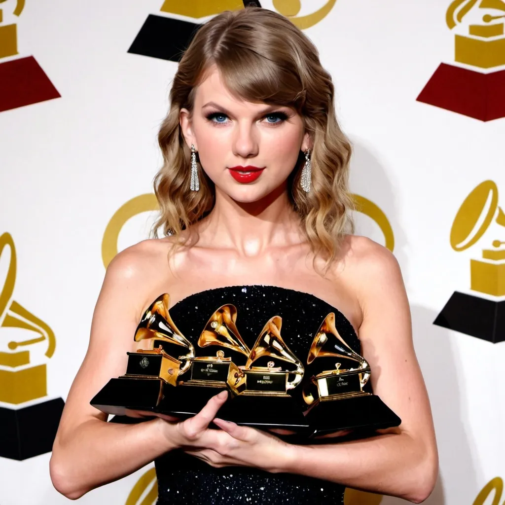 Prompt: Taylor swift holding all 14 of her grammys 