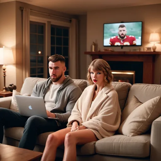 Prompt: Taylor swift sitting on a couch next to travis kelce watching netflix
