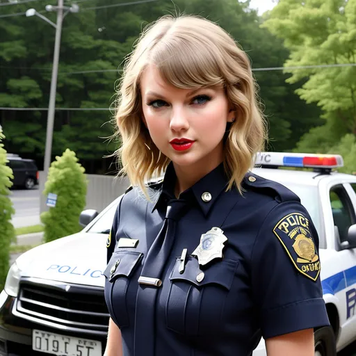 Prompt: Taylor swift, Taylor swift is in a police mans uniform, her blond hair that is at shoulder blade langth is out and hung over her shoulders,she has her full body visible, taylor Swift is standing next to a police car parked on a concrete drive way sourouned BY green plants, Taylor is looking smug, Taylor is looking at the cammera