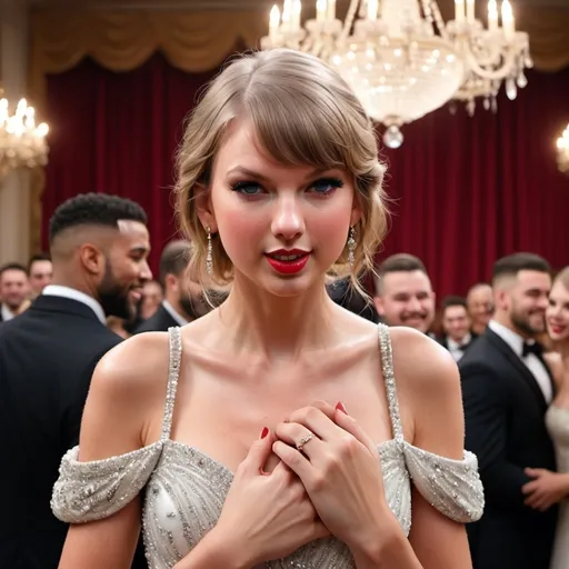 Prompt: Taylor swift crying and smiling at the same time in a fansy dress. Travis Kelce is next to Taylor swift on one knee holding a wedding ring, TRavis Kelce also needs to be smiling a lot