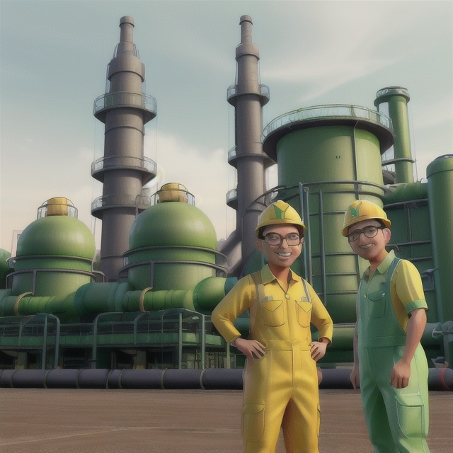 Prompt: Design 3d petronas Workers in chemical plant wearing yellow and green coverall with crane as background, put text PDH & MTBE Plant Emergency Shutdown
