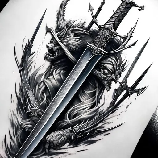 Prompt: Realistic tattoo of a sword with the name K.a.y.o.m.b.o, detailed shading and intricate linework, black and grey, high definition, realistic, fine art, detailed lettering, professional tattoo design. Make The Word KAYOMBO stand out