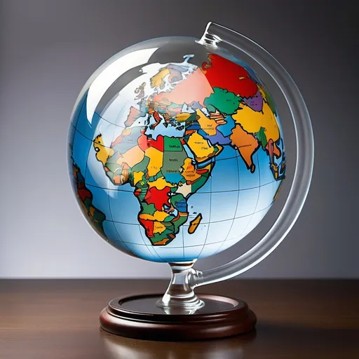 Prompt: Large transparent ballooned glass containing the countries of the world in a globe