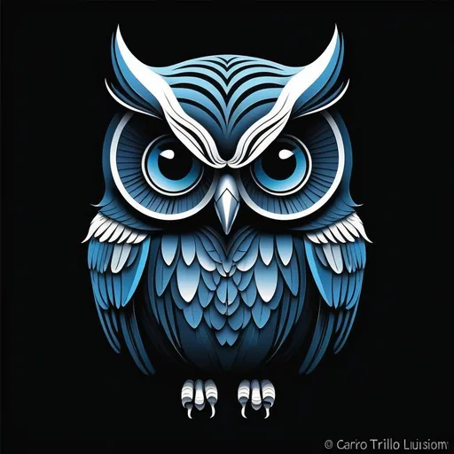 Prompt: the simple draw of a owl with very big eyes and very small wings on a black background with a blue background and a white outline, Carlos Trillo Name, abstract illusionism, black background, vector art, 