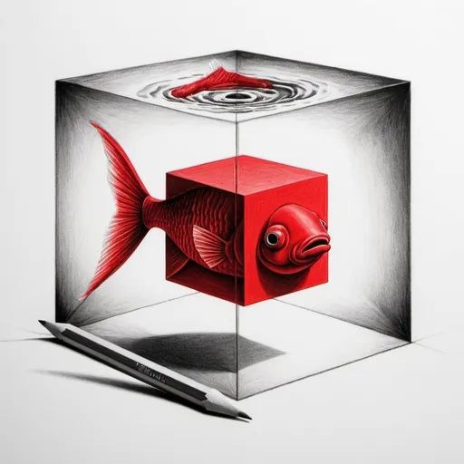 Prompt: Pencil detaile red drawing of a cube woth a fish inside