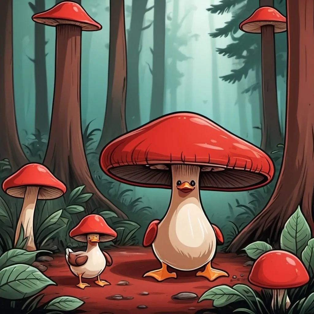Prompt: Duck mushroom red drawing cartoon style in a forest 