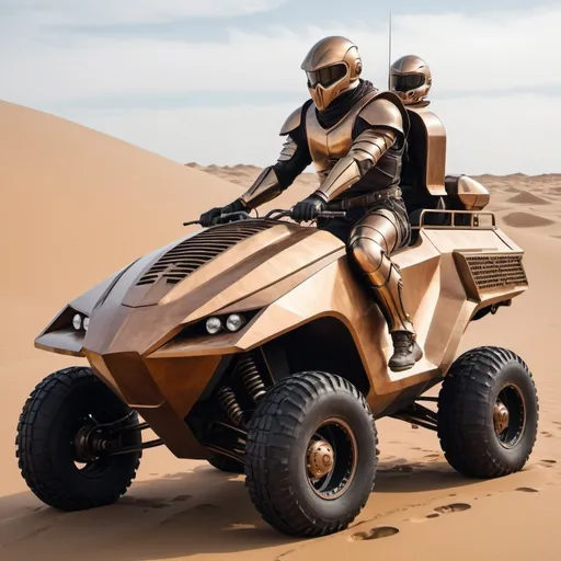 Prompt: Imagine an ATV that is fantasy themed. The RV is made in feudal times yet is still technologically advanced. Dune inspired, Movie Dune, Dune 2, Dune. Theme of Dune