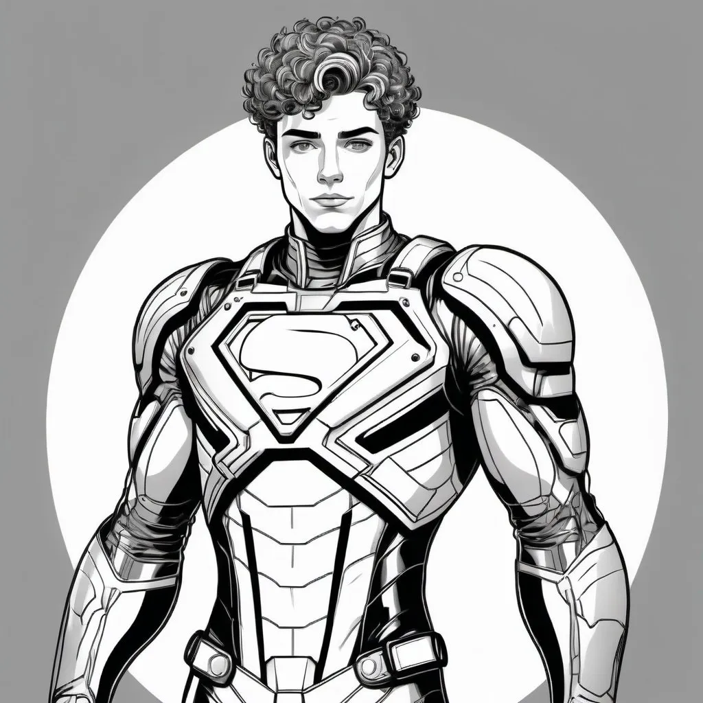 Prompt: Black and white line art full body portrait of a handsome young adult male superhero with short curly hair wearing a mechanical suit in the style of a comic.