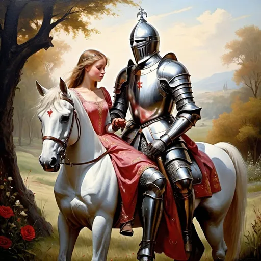 Prompt: A knight in shining armor protecting his princess oil painting
