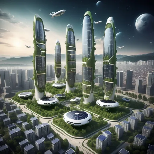 Prompt: Generate a futuristic cityscape of Daejeon, South Korea, set against a cosmic background of outer space. The skyline features sleek skyscrapers floating in the air, adorned with greenery and solar panels, creating a sustainable urban environment.

In the sky, electric vertical take-off and landing (eVTOL) vehicles navigate between the floating buildings, showcasing advanced urban air mobility (UAM). Drone taxis hover above vertiports attached to the buildings, while delivery drones zip through the open space, highlighting the versatility of air transportation.

Beneath the floating structures, smart autonomous electric vehicles (AEVs) glide smoothly along designated lanes, utilizing real-time communication to optimize traffic flow. Pedestrians interact with smart kiosks that provide instant information about available UAM services.

In the background, advanced traffic management systems with holographic displays oversee the movement of air and ground vehicles, ensuring safety and efficiency. The entire scene conveys a vibrant, clean, and eco-friendly urban future where technology and nature coexist harmoniously in a breathtaking cosmic setting.