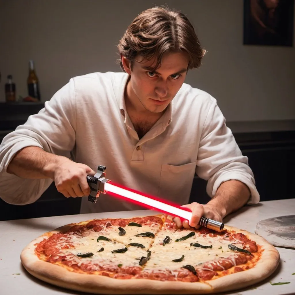 Prompt: A guy cutting piZZa with a light saber