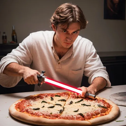 Prompt: A guy cutting piZZa with a light saber