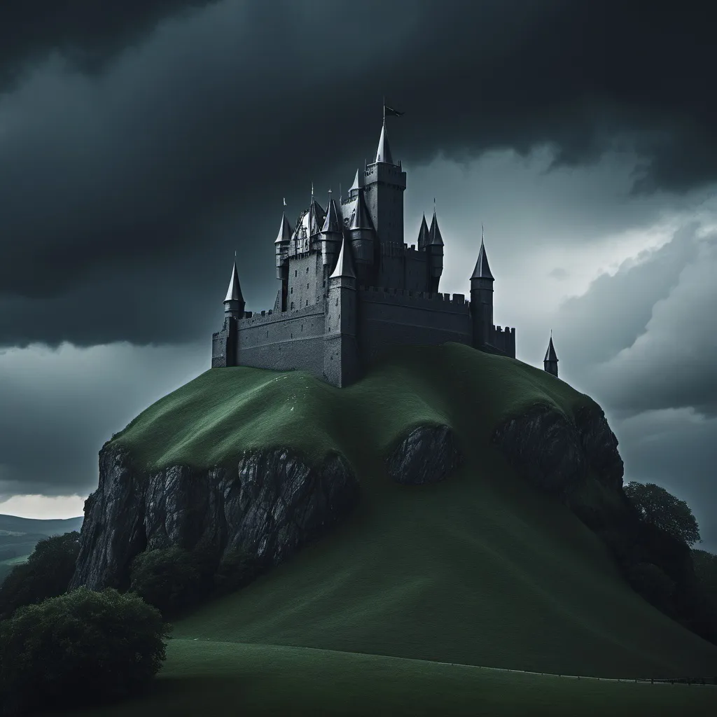 Prompt: A foreboding dark castle atop a stormy hill.