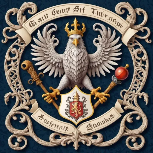 Prompt: A coat of arms with a wizard, griffin dove and staff plus intricate pattern