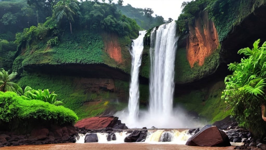 Prompt: "Generate an image illustrating the majestic beauty of waterfalls in Goa, swollen by the monsoon rains and cascading down the rocky cliffs in August."
