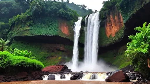 Prompt: "Generate an image illustrating the majestic beauty of waterfalls in Goa, swollen by the monsoon rains and cascading down the rocky cliffs in August."
