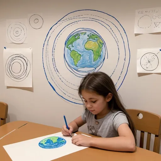 Prompt: A little girl drawing on a piece of paper. She is drawing the earth with orbital rings around it. On the wall behind the girl there are scribbles of stars that she had drawn directly on the wall.