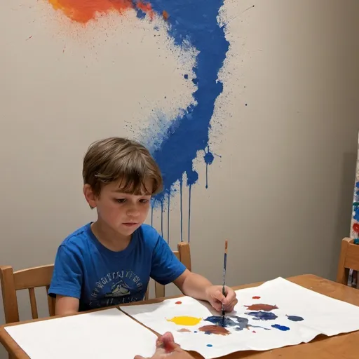 Prompt: A kid sitting at a table in front of a wall painting on a piece of paper. You can see he was previously making a mess painting directly on the wall.
