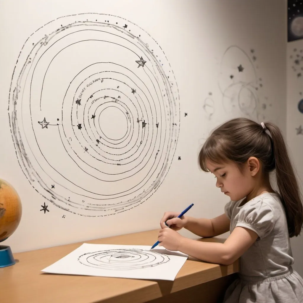 Prompt: A little girl drawing on a piece of paper. She is drawing the earth with orbital rings around it. On the wall behind the girl there are scribbles of stars that she had drawn directly on the wall. There are no other drawings except the two mentioned. The only thing on the wall are scribbled stars