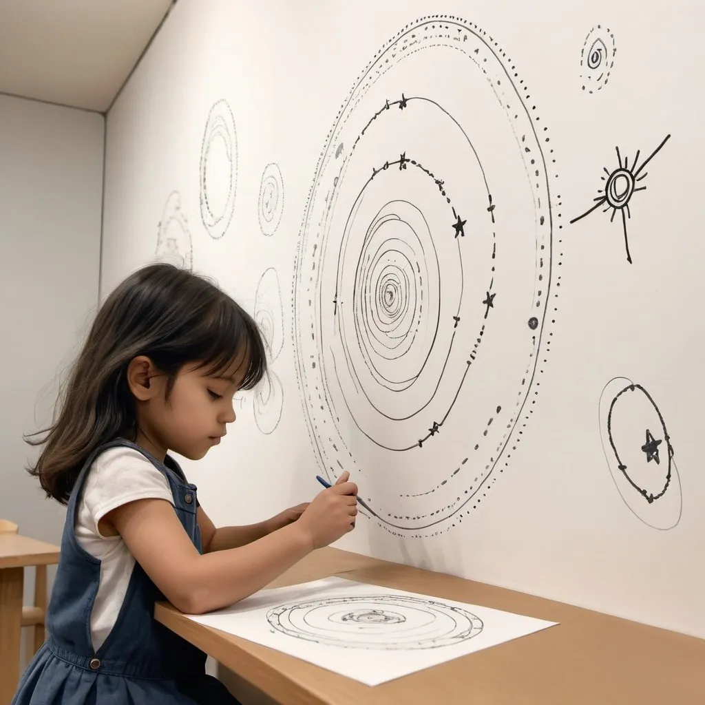 Prompt: A little girl drawing on a piece of paper. She is drawing the earth with orbital rings around it on the paper. On the wall behind the girl there are scribbles of stars that she had drawn directly on the wall. There are no other drawings except the two mentioned. The only thing on the wall are scribbled stars