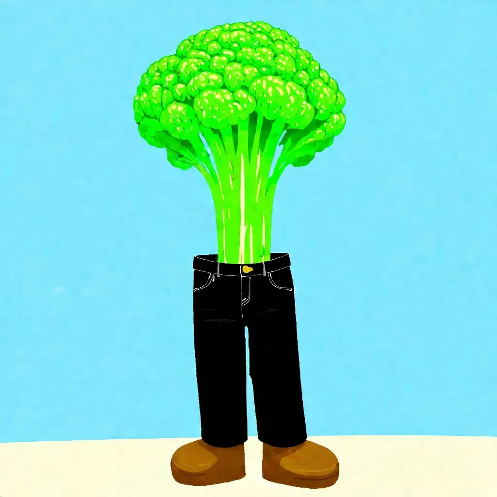 Prompt: A brocolli wearing pants posing for a photo