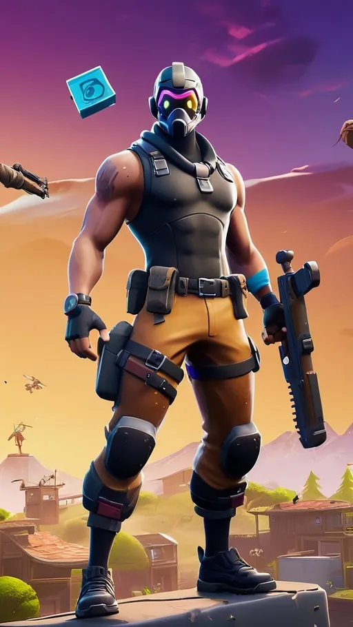 Prompt: Create an ultra-high-definition (8K) wallpaper set in the Fortnite universe. The wallpaper should feature a random Fortnite character from the game, depicted in a highly realistic style. The character should be shown in an action-packed pose, equipped with any weapon or item from Fortnite, such as a distinctive weapon, a building tool, or a unique gadget.

The background should display a vibrant and detailed Fortnite environment, such as a futuristic cityscape, a chaotic battle zone, or an expansive natural landscape, rendered with realistic lighting, shadows, and textures. The scene should be designed to capture every intricate detail, highlighting the character and their equipment in stunning clarity.

The wallpaper should be optimized for phone screens in both portrait and landscape modes, with the character and their gear strategically placed to ensure an engaging and visually appealing design while accommodating app icons.