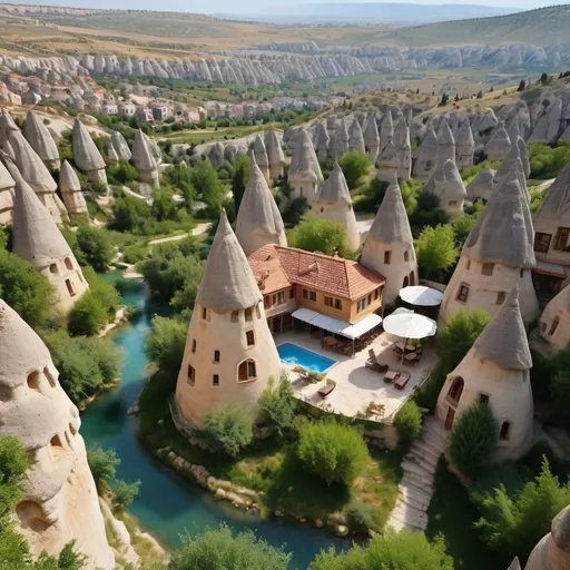 Prompt: (mystical landscape of Nevşehir), abundant houses dotting the scene, (majestic mythical predatory creature) roaming freely, enchanting atmosphere, lush greenery with surreal rock formations, soft sunlight filtering through, vivid colors enhancing the charm, serene yet mysterious ambiance, captivating details in nature, (highly detailed) setting showcasing unique architecture, blend of natural beauty and fantasy elements, (4K quality) for an incredible visual experience.