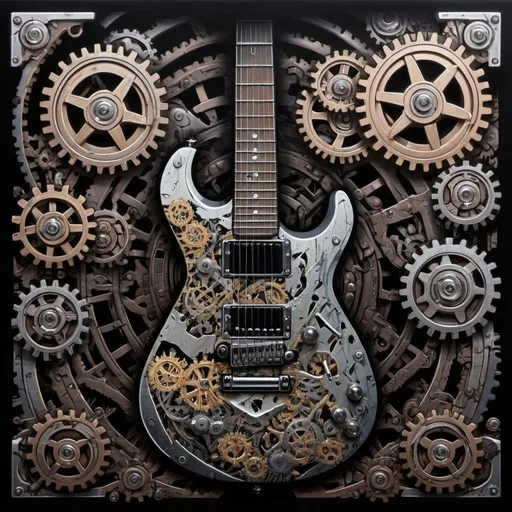 Prompt: a guitar with a metallic background and the logo of metallica on it's side, surrounded by gears and gears, Dan Mumford, neoplasticism, metal, an album cover