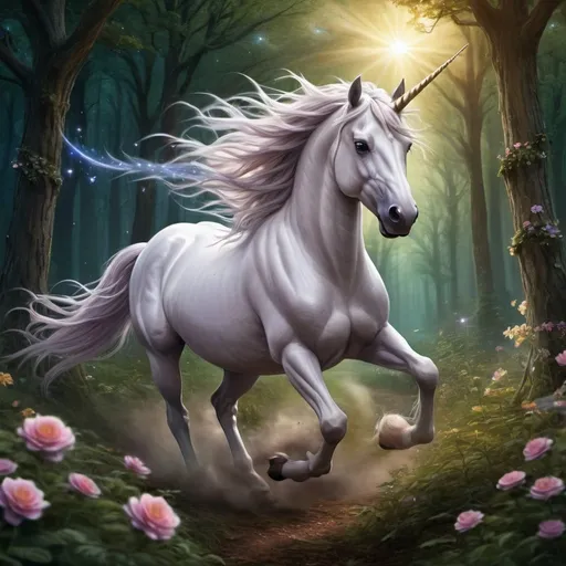 Prompt: a unicorn with a long mane running through a forest with trees and flowers on it's back, with a star - filled sky in the background, Anne Stokes, fantasy art, fantasy style, computer graphics