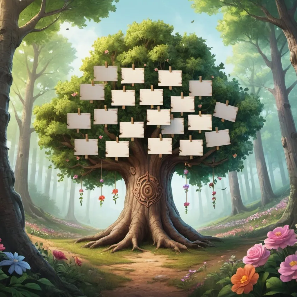 Prompt: a tree with 6 blank signs hanging symmetrically from it's trunk in the forest with flowers and leaves around it, Chris LaBrooy, fantasy art, promotional image, a storybook illustration