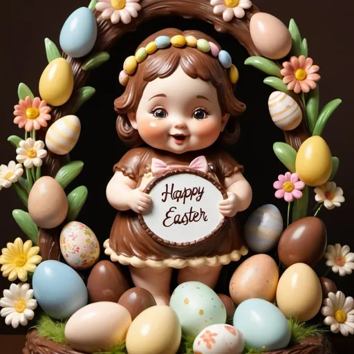 Prompt: candy sculpture of a young baby woodland nymph chubby cheeks  holding a 'Happy Easter Jessie' sign, surrounded by chocolate eggs and flowers, Art Informel style, rich and textured, warm and inviting, high resolution, detailed chocolate sculpture, floral arrangement, Easter theme, warm tones, soft lighting, detailed texture, artistic, professional, high quality