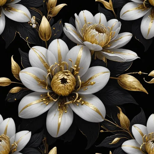 Prompt: a bunch of flowers that are on a black surface with a black background and a gold and white flower, Android Jones, generative art, highly detailed digital painting, an airbrush painting