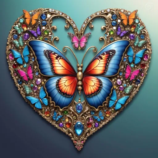 Prompt:  heart surrounded by jewels and butterflies, on backside, blank nameplate in the middle, high quality, fantasy art, detailed jewelry, vibrant colors, magical butterflies, whimsical fantasy, intricate details, professional, enchanting lighting