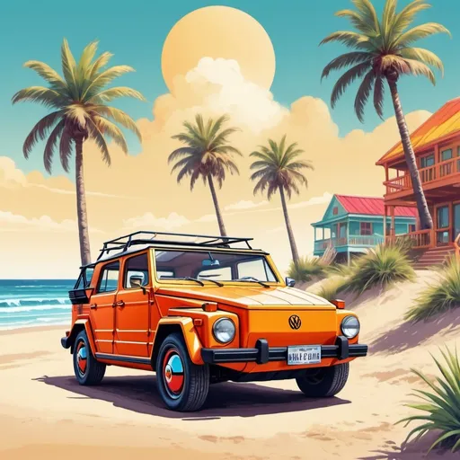 Prompt: 1974 VW Thing in vibrant beach setting, sunny and warm, retro illustration, detailed car exterior, sandy beach with palm trees, bright and colorful, vintage style, high quality, retro, vibrant colors, beach scene, classic car, detailed design, sunny day, retro vibes, summery, vintage illustration