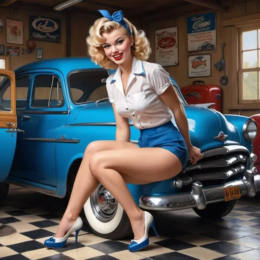 Prompt: 4k glossy photorealistic oil painting of a glamorous pin-up girl posing playfully at a classic 1950s garage. Dressed in blue shorts with a white shirt and matching blue high heels, she winks playfully as she holds a wrench. Her blonde hair is styled in textured voluminous curls with a white bandana tied around it. A vintage car and a checkered floor complete the nostalgic scene.