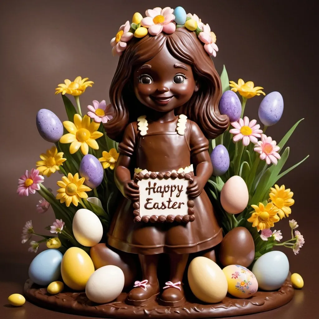 Prompt: Chocolate sculpture of a young girl holding a 'Happy Easter Jessie' sign, surrounded by chocolate eggs and flowers, Art Informel style, rich and textured, warm and inviting, high resolution, detailed chocolate sculpture, floral arrangement, Easter theme, warm tones, soft lighting, detailed texture, artistic, professional, high quality